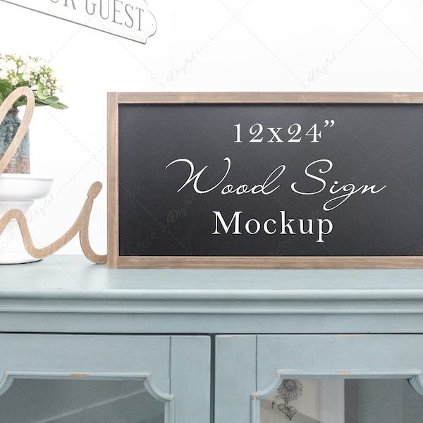 12x24 Sign Mockup with Black Background, Rustic Farmhouse Wood Sign, 1:2 Blank Frame, Product Display, Welcome Entryway on Table JPG