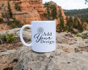 11oz Ceramic Mug Mockup, JPG for outdoor recreation, camping, nature lovers, and adventures, White Coffee Cup in the mountains