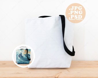 White Canvas Tote Bag Mockup, AOP Bag on Bench (psd, png, jpg)