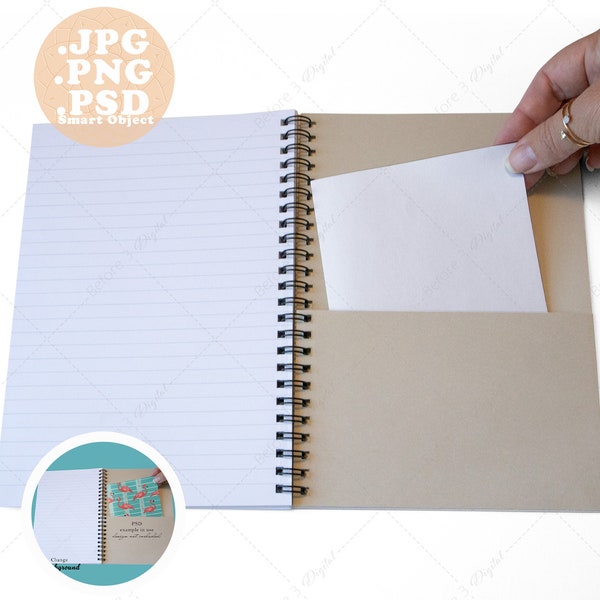 Spiral Notebook Mockup with Document Pocket Inside White Background 8x6 inch Journal Mockup Design Edit Background PSD Smart Object PNG JPG