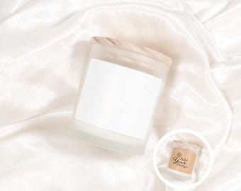 Frosted Glass Candle Mockup 11 oz with Wood Lid for Online Sellers, PSD smart object, PNG, jpg, POD product photos, White Satin Background