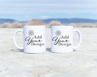 Set of 2 Mugs Mockup, For Multiple Designs, Front and Back Views, Couples Matching Mug Mockup in Desert Setting with Neutral Gray Scene, JPG