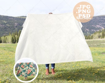 Velveteen Blanket Mockup held up by Person overlooking Meadow in the Mountains, Mock up for  Outdoors and Nature, PSD smart object, PNG, JPG