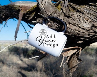 15 oz Mug Mockup with Black Handle, Outdoors Scene, Two Tone Mug Hanging on Tree Branch with Nature Background, Cup with accent handle, JPG