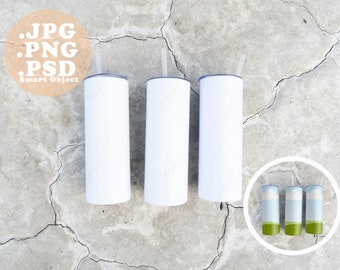 Skinny Tumbler Mockup, Set of 3 Lifestyle Photo in Gray Desert Scene, Flat lay view from above, Digital, PSD with Smart Object, PNG and JPG