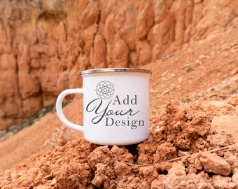 Camp Mug Mockup, JPG Photo, White Enamel Mug with Silver Rim with Red Rock Cliffs in the background, Adventure Active Outdoor Style