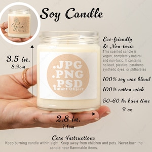 Tabela de tamanhos e detalhes de maquete de vela de soja de 9 oz para vendedores on-line, objeto inteligente PSD, PNG, jpg, produto POD, portátil para comparação de tamanhos