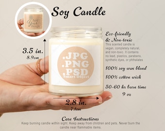 Soy Candle Mockup 9 oz Size Chart and Details for Online Sellers, PSD smart object, PNG, jpg, POD product, hand held for size comparison