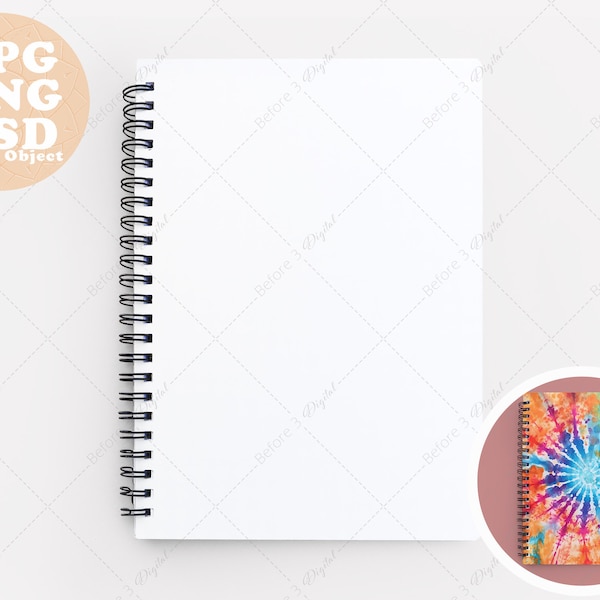 Spiral Notebook Mockup Laying Flat, Solid White Background, 8x6 inch Journal Mockup Design, Changeable Background PSD Smart Object, PNG, JPG