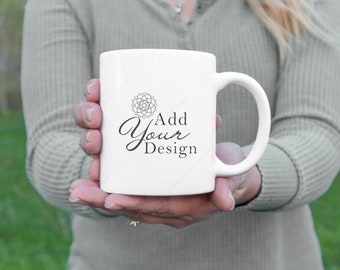 White Mug Mockup, Realistic Photo JPG, Woman holding Mug wearing earthy color, Blank Ceramic Coffee Cup to Overlay Designs
