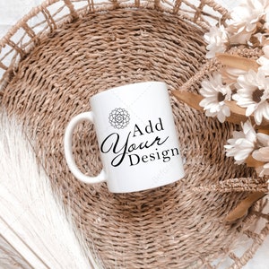 Coffee Mug Mockup, 11 oz Ceramic Mug Jpg, White Cup Styled Stock Photo, Floral Autumn Mug Sublimation, Neutral Boho Fall Mug, Digital Image