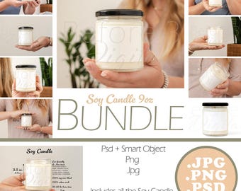 Soy Candle Mockup Bundle, 9 oz with black lid for Online Sellers, PSD smart object, PNG, jpg, POD,hand held, styled, Plain White Backgrounds