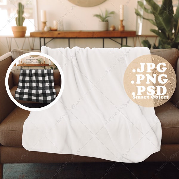 Blanket Mockup Sherpa Fleece 50x60 Interior Lifestyle on a brown sofa PSD smart object and PNG white blanket for pod styled product