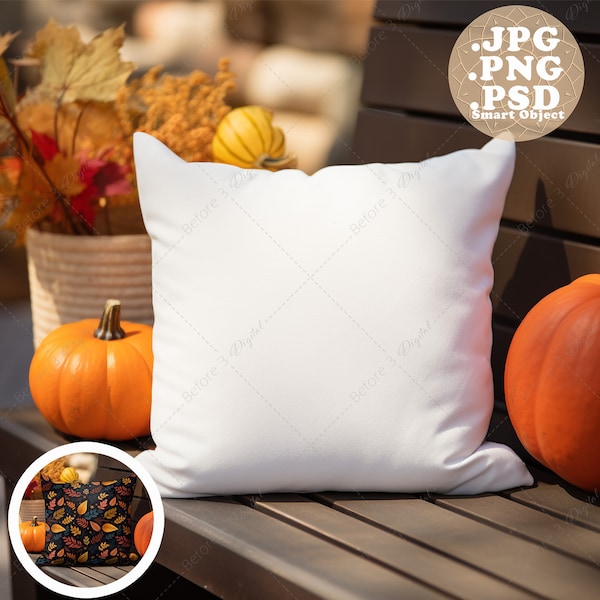 Square Pillow Mockup for Fall PSD smart object PNG and jpg Autumn Throw Pillow Mock up Seasonal Lifestyle Photo for interior decor Halloween