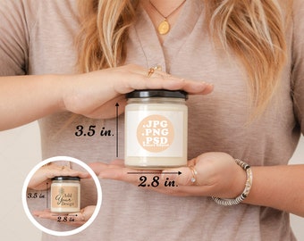 Soy Candle Mockup 9 oz with black lid for Online Sellers, PSD smart object, PNG, jpg, POD product photos, hand held for size comparison
