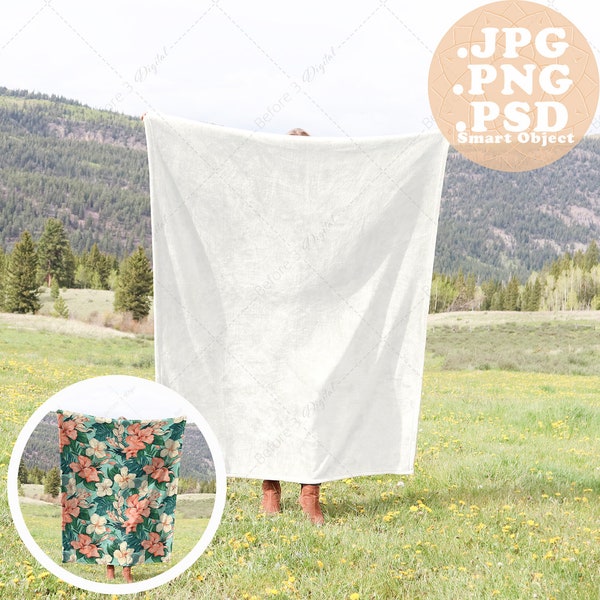 Velveteen Blanket Mockup held up by Person overlooking Meadow in the Mountains Vertical, Outdoors and Nature, PSD smart object, PNG, JPG