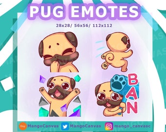May include: Four different animated emotes featuring a pug dog in various poses. The emotes are in a grid format with the text "PUG EMOTES" above the grid and "28x28/56x56/112x112" below the grid. The emotes include a pug laughing, a pug running, a pug with a paw print and the text "BAN" and a pug with a surprised expression.