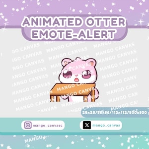 May include: Animated otter emote-alert graphic. A pink otter with a surprised expression sits behind a small wooden table. The background is a gradient of purple and teal with white star accents. Text includes "ANIMATED OTTER EMOTE-ALERT" and "mango_canvas".