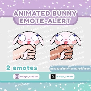 May include: Two animated bunny emotes with the text "ANIMATED BUNNY EMOTE-ALERT". The bunny has a surprised expression, held by a hand. The image includes the text "2 emotes", and social media handles.