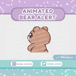 Puede incluir: Gráfico animado de alerta de oso pardo con el texto "ANIMATED BEAR ALERT" en una pancarta púrpura. El gráfico está sobre un fondo pastel con identificadores de redes sociales y dimensiones.