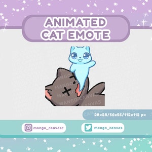 May include: Animated cat emote with a light blue ghost cat on top of a gray cat. The ghost cat has a pink tail and is waving. The emote is available in 28x28, 56x56, and 112x112 pixel sizes.
