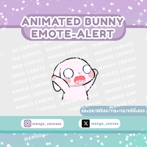 Könnte beinhalten: Ein animierter Bunny-Emote-Alert-Grafik mit überraschtem Gesichtsausdruck. Das Design zeigt einen hellrosa Hasen mit großen Augen und offenem Mund, vor einem pastellfarbenen Hintergrund mit dem Text "ANIMATED BUNNY EMOTE-ALERT". Enthält Social-Media-Handles.
