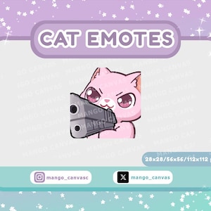 May include: A pink cat with a mischievous expression holds a black gun in its paws. The cat has large, round eyes and a small, pink nose. The background is white.