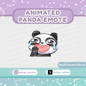 May include: An animated panda emote with a crying laughing expression. The panda has black and white fur, with tears and a pink tongue. The text "ANIMATED PANDA EMOTE" is at the top. The image includes social media handles and pixel dimensions.