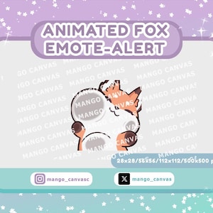Op de afbeelding: Geanimeerde fox emote-alert grafiek met een witte, oranje en bruine vos. De tekst "ANIMATED FOX EMOTE-ALERT" staat bovenaan. De afbeelding bevat social media handles en pixelafmetingen.