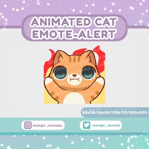 May include: Animated cat emote alert with a cartoon cat in a yellow and orange outfit with red flames behind it. The cat has big eyes and a surprised expression. The text "ANIMATED CAT EMOTE-ALERT" is at the top of the image.