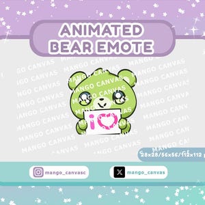 Puede incluir: Un emote de oso verde animado que sostiene un letrero con un corazón rosa y la palabra "io". La imagen incluye el texto "ANIMATED BEAR EMOTE" y nombres de usuario de redes sociales. Las dimensiones de la imagen son 28x28/56x56/112x112 px.