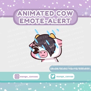 May include: Animated cow emote alert with a pink and white cow with black hair and blue rain falling on it. The cow has a sad expression. The image is surrounded by a white border with the text "Animated Cow Emote-Alert" at the top and "28x28/56x56/112x112/500x500 px" at the bottom.