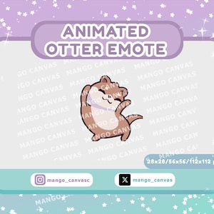 May include: A digital graphic featuring a brown and white cartoon otter with the text ANIMATED OTTER EMOTE at the top. The image includes the dimensions 28x28/56x56/112x112 px and social media handles mango_canvasc and mango_canvas on a light background.