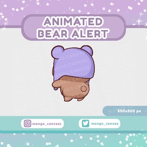 Puede incluir: Gráfico de alerta animado con un oso marrón que lleva un sombrero morado con el texto "ANIMATED BEAR ALERT" en la parte superior. El oso está de espaldas al espectador. El gráfico tiene 500 píxeles por 500 píxeles. Los identificadores de redes sociales "mango_canvasc" y "mango_canvas" se incluyen en la parte inferior.