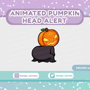 Op de afbeelding: Geanimeerde pompoenhoofdalert-afbeelding. De afbeelding toont een oranje pompoen met een uitgesneden gezicht, bovenop een zwarte mantel. De tekst luidt "ANIMATED PUMPKIN HEAD ALERT". De achtergrond is lichtpaars met witte sterren en een turquoise rand.