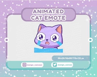 May include: Animated purple cat emote with big eyes and a sad expression. The cat is crying with large teardrops. The emote is available in various sizes: 28x28, 56x56, and 112x112 pixels.