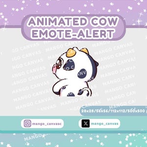 Pode incluir: Gráfico animado de alerta de emote de vaca com corpo branco, manchas pretas e detalhes amarelos. O texto "ANIMATED COW EMOTE-ALERT" é exibido acima da vaca. O gráfico inclui identificadores de mídia social e especificações de tamanho.
