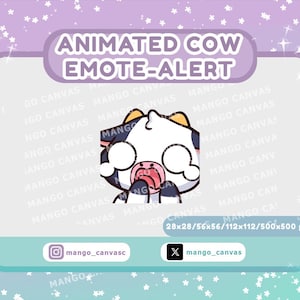 May include: An animated cow emote-alert graphic featuring a white, black, and tan cow. The cow is covering its eyes with its hooves and sticking out its tongue. The graphic includes the text "ANIMATED COW EMOTE-ALERT" and social media handles.