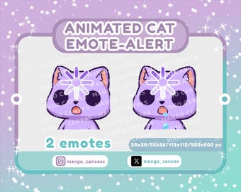 May include: Two purple cat emotes with the text "ANIMATED CAT EMOTE-ALERT". The emotes have a surprised expression, one with a loading symbol and the other with a tear. The image includes the text "2 emotes".