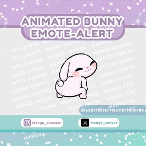 Puede incluir: Gráfico digital con un emote de conejo animado rosa y el texto "ANIMATED BUNNY EMOTE-ALERT". El gráfico incluye identificadores de redes sociales y especificaciones de tamaño. El fondo es un degradado de morado y turquesa.