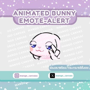 Puede incluir: Gráfico animado de alerta de emoticono de conejito con una cara de conejito rosa claro, ojos azules y un gesto de la mano de signo de la paz. El fondo es un degradado de morado y verde azulado con acentos de estrellas blancas. Texto: "ANIMATED BUNNY EMOTE-ALERT".