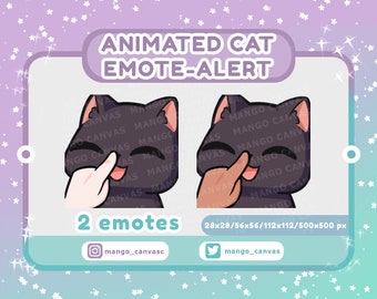 May include: Animated cat emote alert with two different expressions. The cat is black with a pink nose and tongue. The cat is being poked on the nose by a finger. The emote is available in 28x28, 56x56, 112x112, and 500x500 pixels. The social media handles are mango_canvasc and mango_canvas.