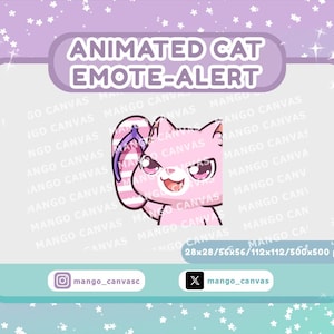 Może przedstawiać: Różowa animowana grafika powiadomienia o emotikonach kota z różowym kotem trzymającym pasiasty klapki. Tekst "ANIMATED CAT EMOTE-ALERT" znajduje się na górze. Obraz zawiera uchwyty mediów społecznościowych i wymiary pikseli.