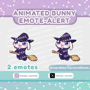 Può includere: Due emote di coniglio animato che mostrano un coniglio bianco con cappello e tunica da strega viola, a cavallo di una scopa marrone. Il testo recita ANIMATED BUNNY EMOTE-ALERT, 2 emotes, 28x28/56x56/112x112/500x500 px, mango_canvasc e mango_canvas.