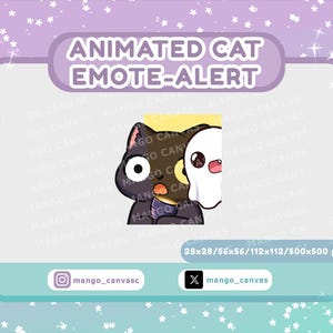 May include: An animated cat emote-alert graphic featuring a black cat and a white ghost. The text "ANIMATED CAT EMOTE-ALERT" is at the top. The graphic is on a pastel background with social media handles and pixel dimensions.