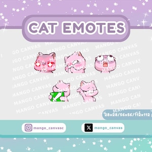 Könnte beinhalten: Ein digitales Grafikset mit dem Titel CAT EMOTES, das fünf rosa Katzenillustrationen mit verschiedenen Ausdrücken zeigt. Der Text lautet CAT EMOTES, 28x28/56x56/112x112 px, mango_canvas und mango_canvasc auf einem hellgrauen Rechteck mit violettem Rand.