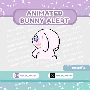 May include: An animated bunny alert graphic featuring a light pink bunny with blue eyes and black outlines. The text "ANIMATED BUNNY ALERT" is in a purple rounded rectangle. The graphic is on a pastel background with social media handles.