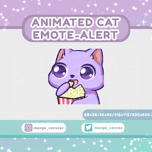 Geanimeerde paarse kat emotemelding/popcorn-emotemelding