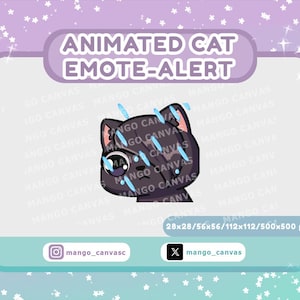 May include: An animated cat emote alert featuring a dark gray cat with large eyes and blue water droplets falling over its head. The graphic includes the text ANIMATED CAT EMOTE-ALERT, 28x28/56x56/112x112/500x500 px, mango_canvas, and mango_canvasc.