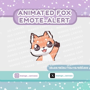 Op de afbeelding: Geanimeerde vos emote-alert grafiek met een zwaaiend vos karakter. De vos is oranje en wit met grote ogen. De afbeelding bevat de tekst "ANIMATED FOX EMOTE-ALERT" en social media handles.
